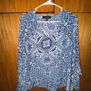 Karen Kane Y2K Blue and White Patterned Blouse with Bell Sleeves